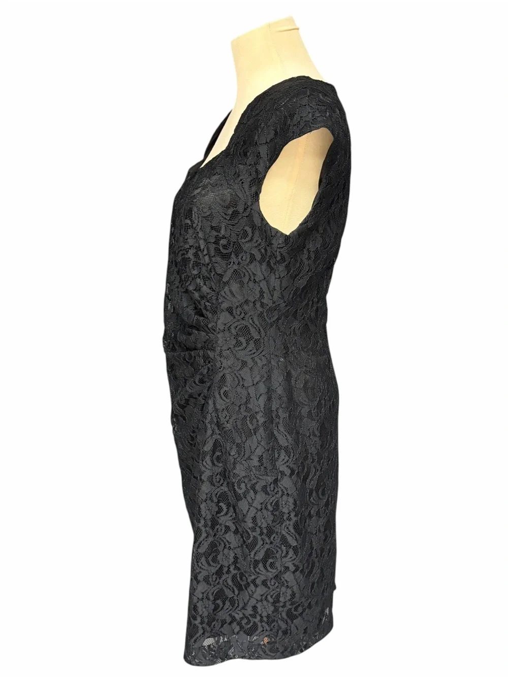 Tahari Arthur S Levine Black Lace Draped Peplum Sheath Dress 8P Petite
